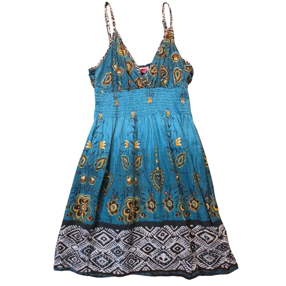 Y2K Shescool Teal Blue Floral Paisley Boho Smocked Waist Cotton Mini Sundress M